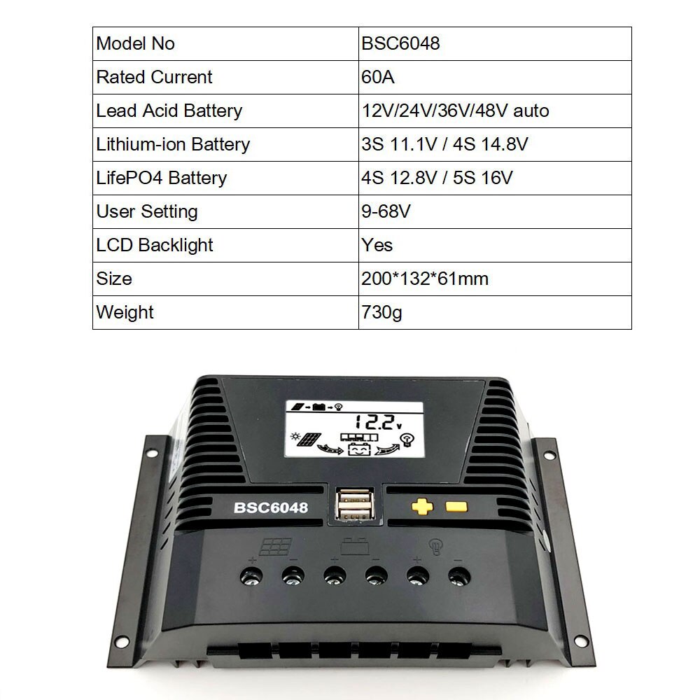 80A/60A/30A/20A/Solar Laadregelaar 12V 24V 36V 48V Auto backlight LiFePO4 Lithium Batterij 3.2V 3.7