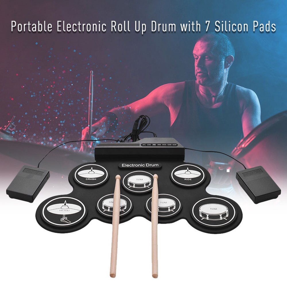 1 Set of USB Charging Electric Drum Hand Roll Up Drum Set Portable Drum Kit Practice Drum Black