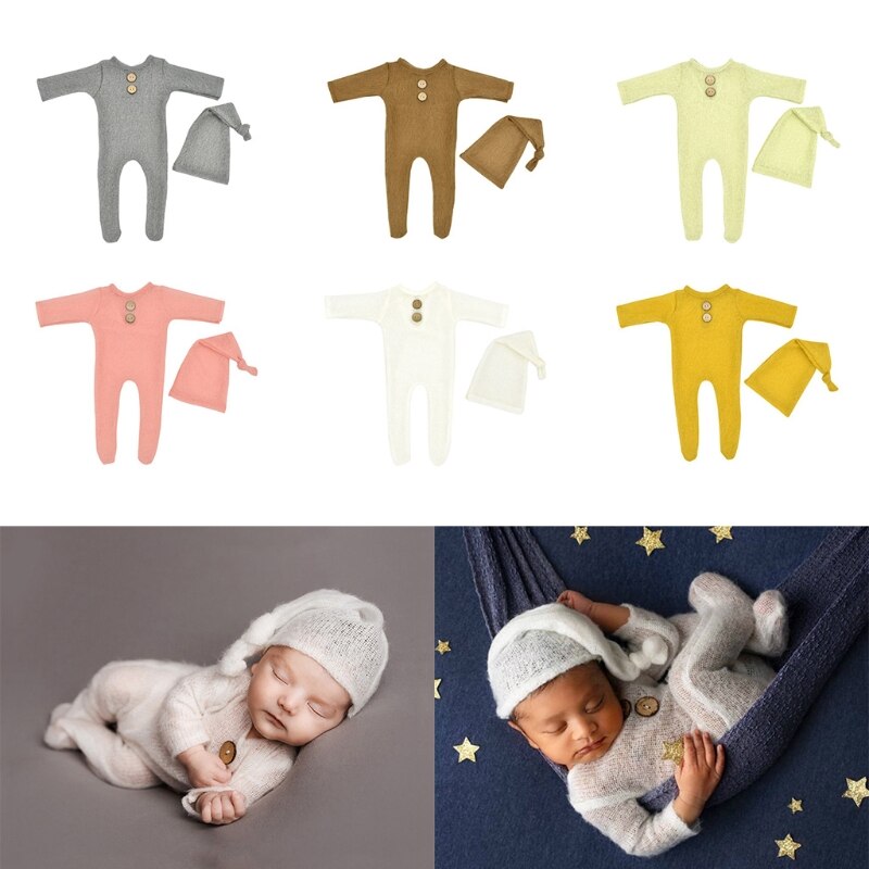 Mohair – barboteuse pour bébé, ensemble de 2 pièces, accessoires de photographie pour -nés, body en laine tricotée, P31B