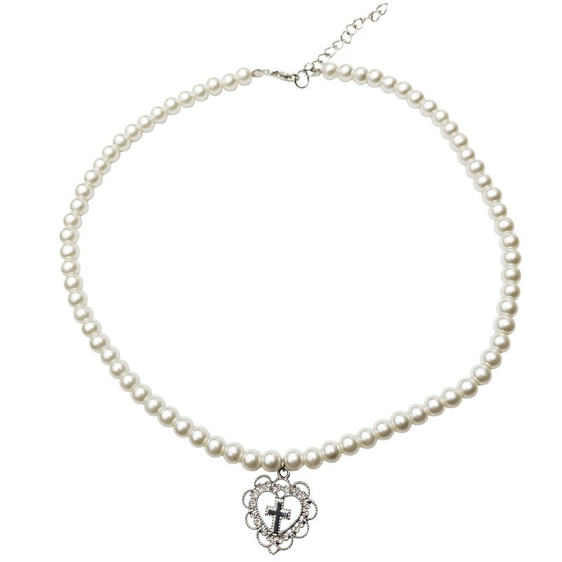 Gold Silber Farbe Liebe Herz Kreuz Anhänger Halskette Herz der Blume Halskette Perle 3-5mm Perlen Strang halskette für Mutter, frau: silber-