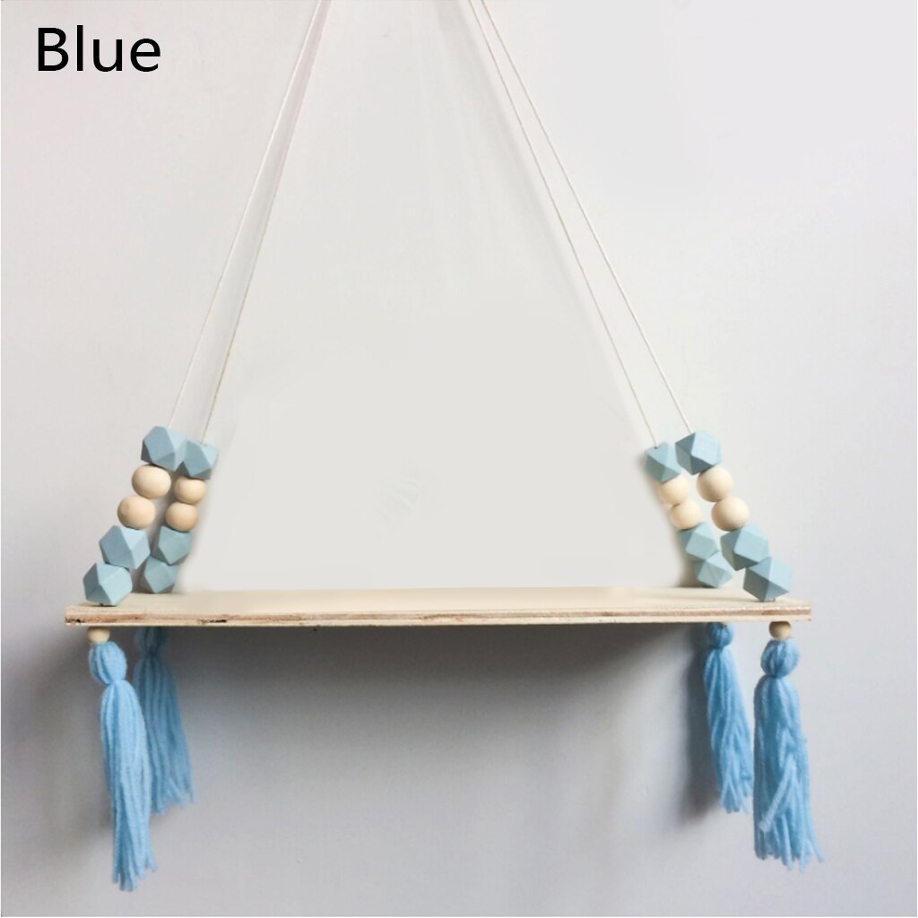 Estante de pared de madera con borlas y cuentas de colores nórdicos para niños, decoración de guardería, almacenamiento artesanal, decoración de hogar para colgar en la pared: B-Blue