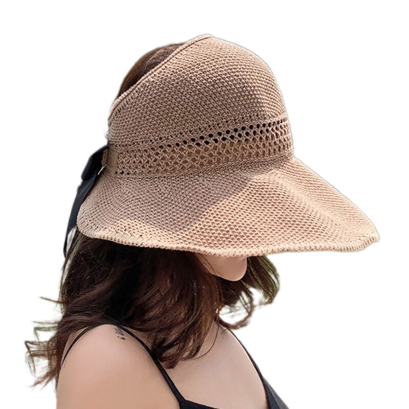 Visera de malla tejida para mujer, gorro de playa con lazo, Top abierto enrollable, ala ancha empaquetable, sombrero de protección solar UV de viaje para verano: Khaki