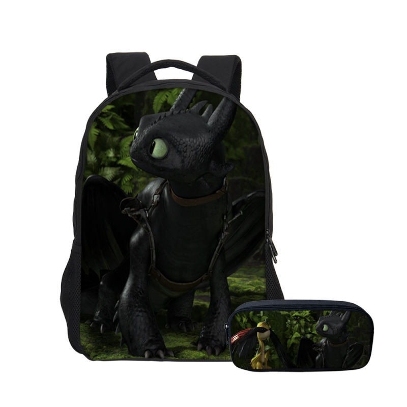 2 unids/set mochila con estampado de furia ligera sin dientes + estuche para lápices cómo entrenar tu mochila de dibujos animados de dragón mochila de viaje para hombre