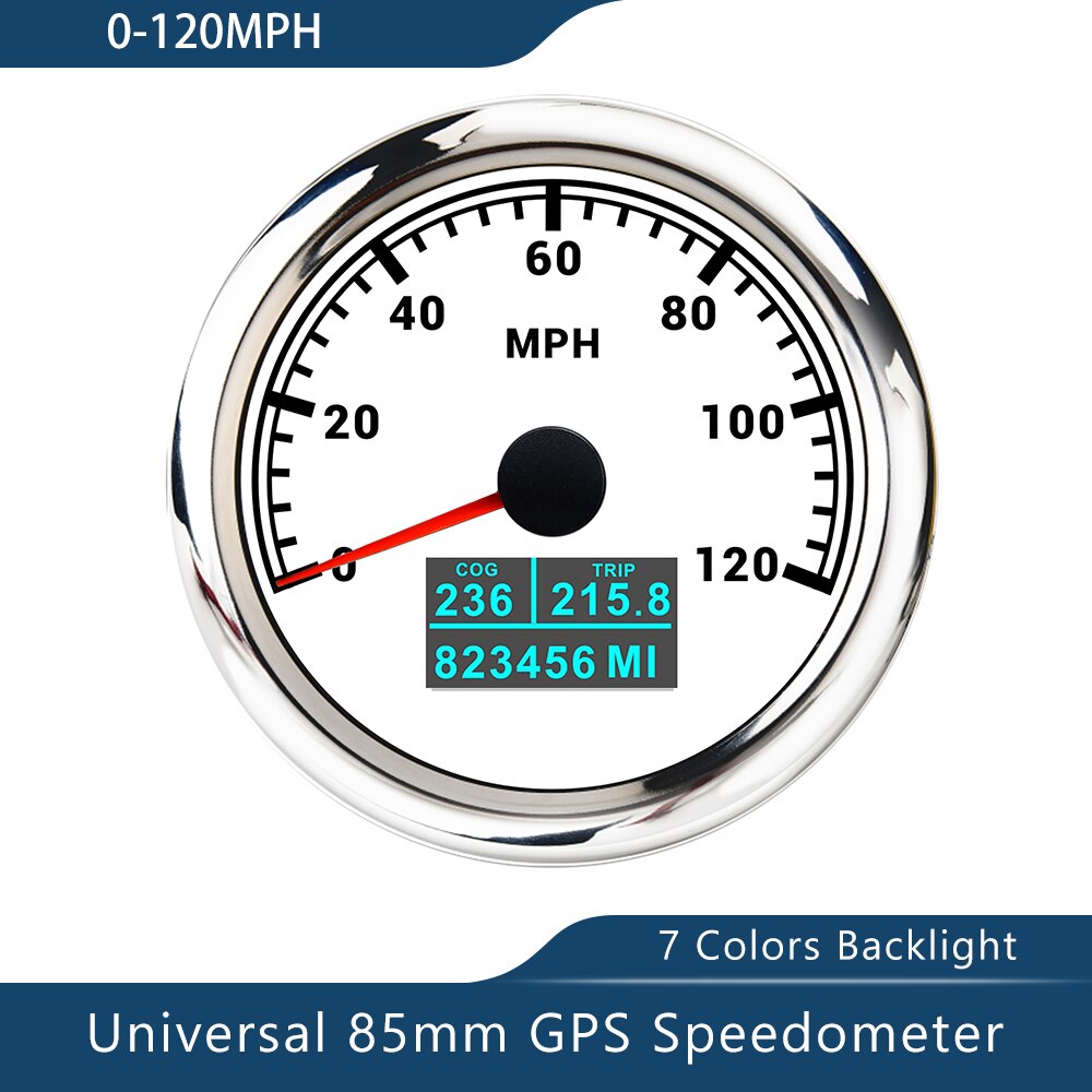 Novo velocímetro de 85mm gps 0-30/60 nós 0-60/80/120/160/200 mph 0-60/120/200km/h com luz de fundo de 7 cores para a motocicleta do barco do carro: 120MWS