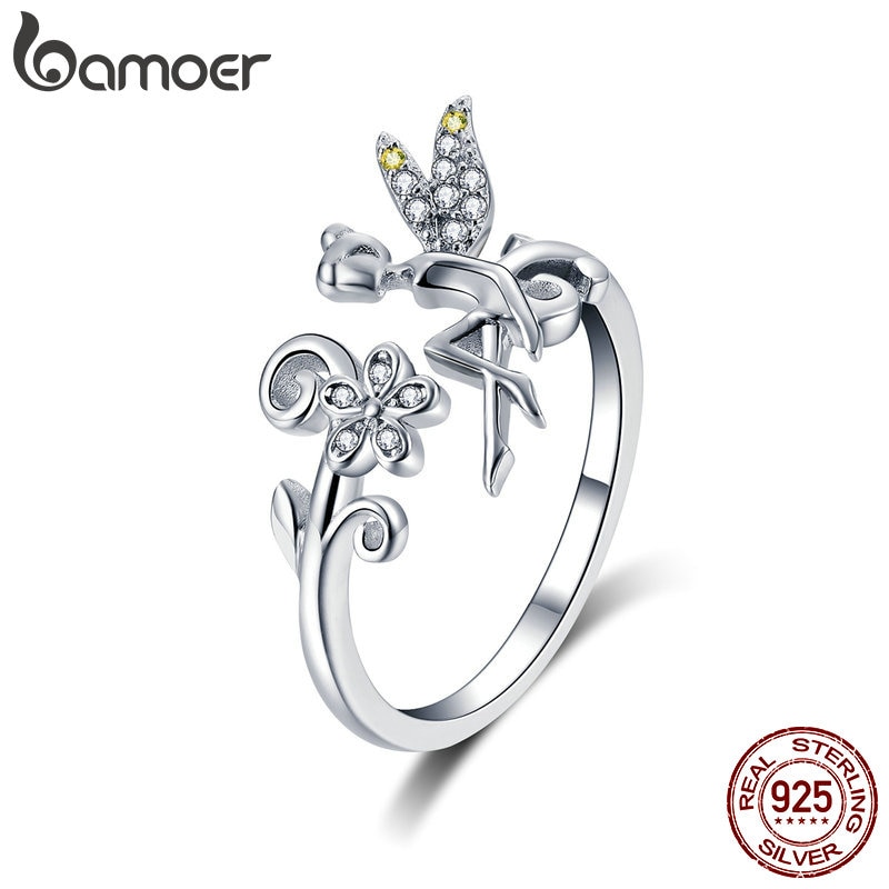 BAMOER 925 Sterling Silver Fairy &amp; Daisy Flower Open Size Finger Rings Women Wedding Engagement Jewelry BSR025