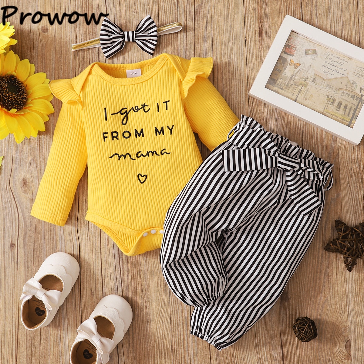 Prowow 0-12m neugeborenen-mädchen-kleidungsset, gestrickter strampler mit buchstabenprint + geblümte Schlauch mit schleife + stirnband, frühlings-babykleidungsoutfits