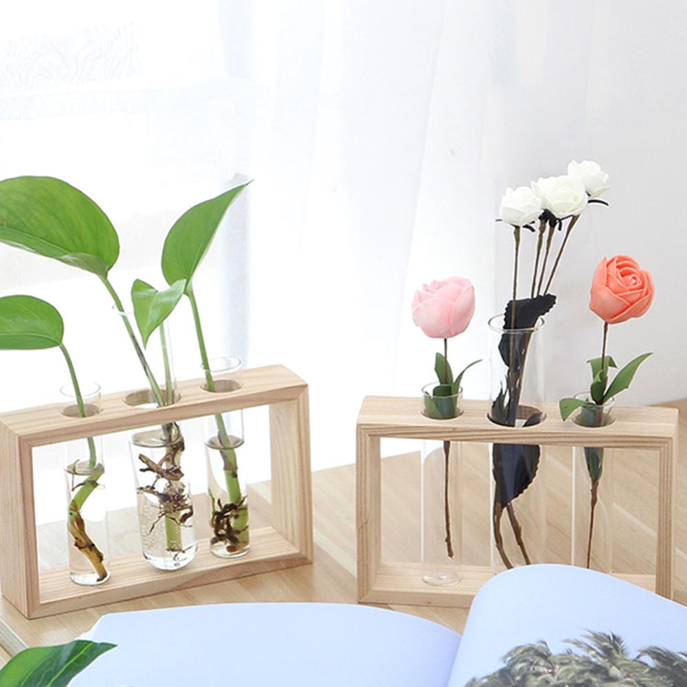 Glas En Hout Vaas Planter Terrarium Tafel Desktop Hydrocultuur Lade Home Decor Plant Bonsai Bloempot Opknoping Potten Met Houten: Clear