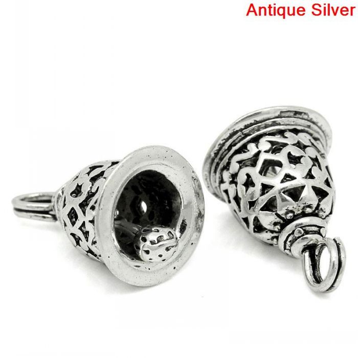 DoreenBeads Charme Anhänger Weihnachten Glocke Silber Farbe Blume aufbringen Geschnitzt 19x12mm,10Stck