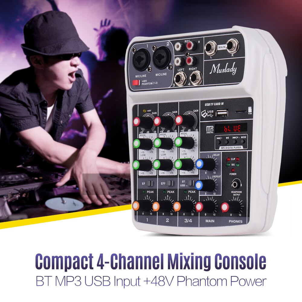 Mixing Console Digital Audio Mixer 4-Channel BT MP3 USB Input 48V Phantom Power for Recording DJ Network Live Broadcast Karaoke