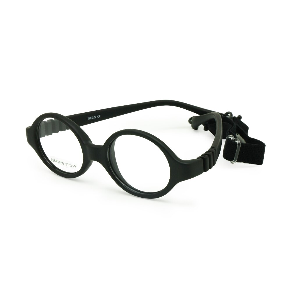 Babybriller størrelse 37mm uden skruesikker bøjelig med rem, fleksibel optisk børneramme og plano-linser, briller til børn: Sort