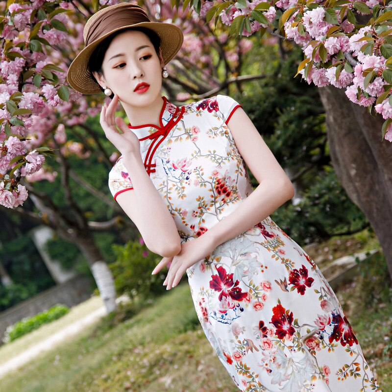 Vestido Qipao largo de estilo chino Vintage hecho a mano con botón Cheongsam para mujer con cuello mandarín vestido tradicional talla 4XL