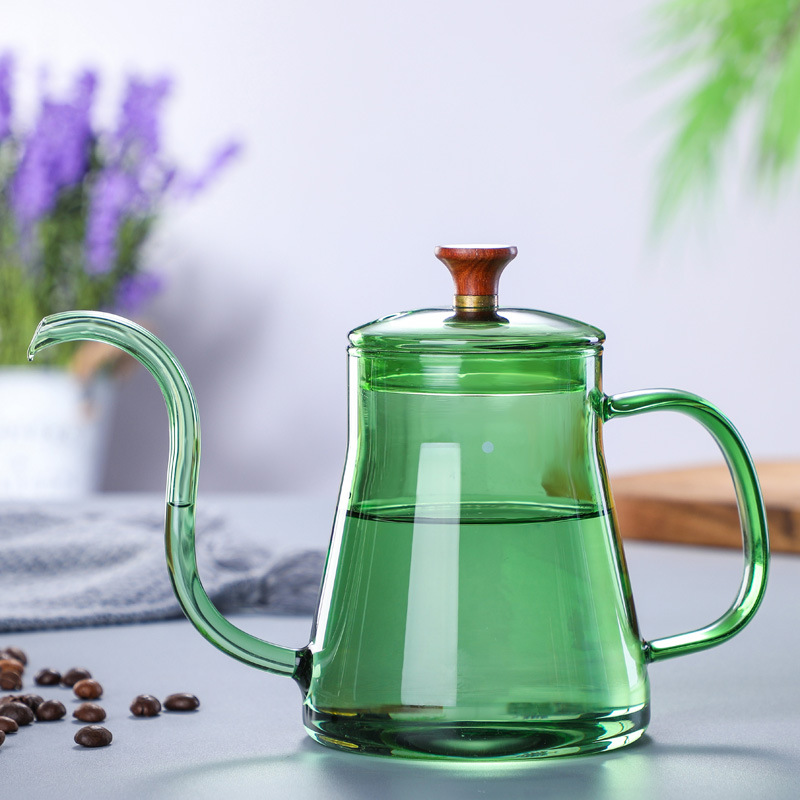 Hand-made Glass Gooseneck Hand Drip Coffee Pot Heat-resistant Glass Pour Over Coffee Tea Kettle Maker for Cafe Barista Gas Stove: 600ML green