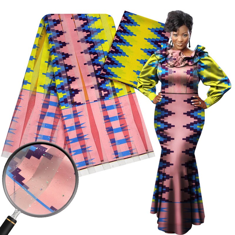 Nigéria ghana organza cetim tecido de seda impressão ancara cera africana 4 jardas + 2 metros chiffon seda para vestido YG812-2