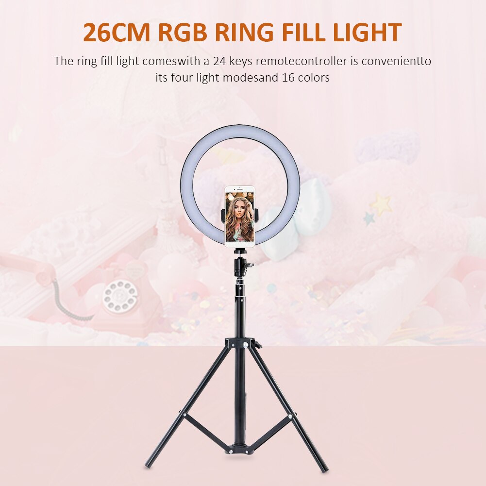 10 pouces 26cm rvb LED Selfie anneau lumière + 1.6m support de sol USB téléphone vidéo Photo lumière avec trépied en alliage d'aluminium évolutif