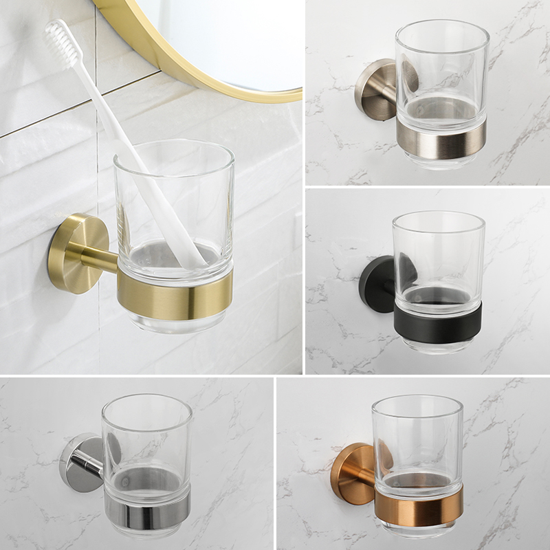 Soporte de cepillo de dientes de acero inoxidable, soporte de taza de vidrio dorado cepillado, montaje en pared, negro mate, cromo, oro rosa, accesorios de baño