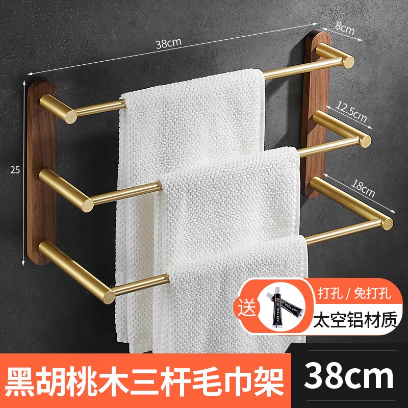 Nordic Walnut Bathroom Towel Rack Solid Wood Shower Shelf Brushed Gold Towel Bar 38/48/58cm Bathroom Triple Towel Holder: A2 38cm