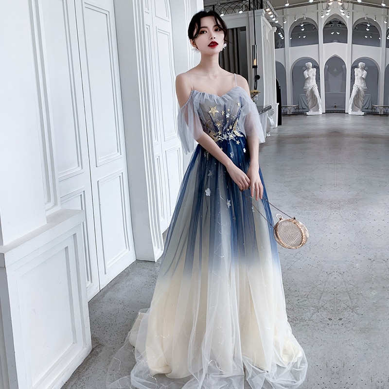 Sequins Evening Dresses Spaghetti Strap Boat Neck Robe De Soiree Gradient Blue A-line Long Shining Evening Dress qipao cheongsam