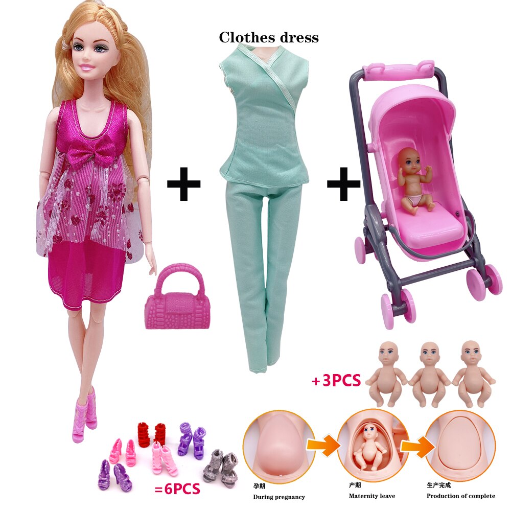 11.5 "/ 5" 2020 mais recente moda grávida barbies boneca mãe-criança combinação banheira + dupla cadeira de jantar crianças brinquedo plástico: Black