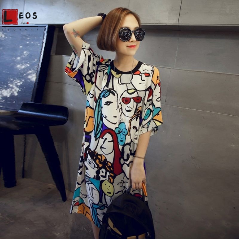 Women Sleepdress Harajuku Print Loose Nightgowns For Ladies Dress Summer Casual Cartoon Funny Short Sleeve Sleepwear