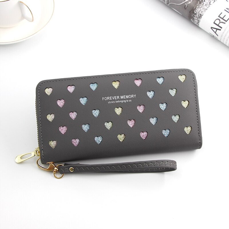 Women Wallet Long Pu Leather Love Heart Cute Purse for Phone High Capacity Card Holder Clutch Wallets Carteira Feminina: Gray