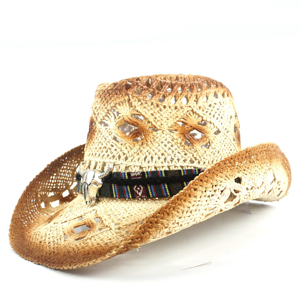 Retro kvinder mænd halm hule vestlige cowboy hat dame håndlavet sombrero hombre strand cowgirl jazz sol hat størrelse 56-58cm