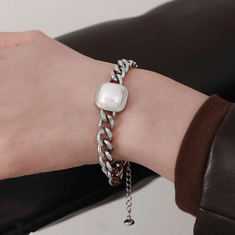 HUANZHI-pulsera de doble capa con perlas grandes y formas geométricas para mujer y niña, brazalete hueco, de joyería para , novedad de: 4