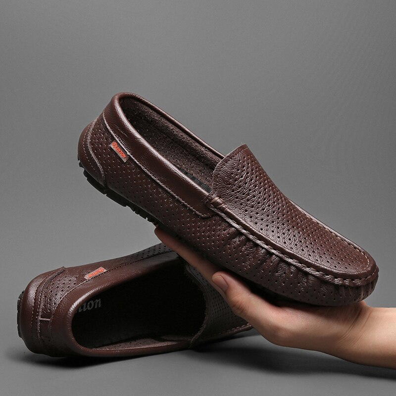 Mocasines de cuero genuino para hombre, zapatos planos cómodos de , informales, de conducción, sin cordones, para verano