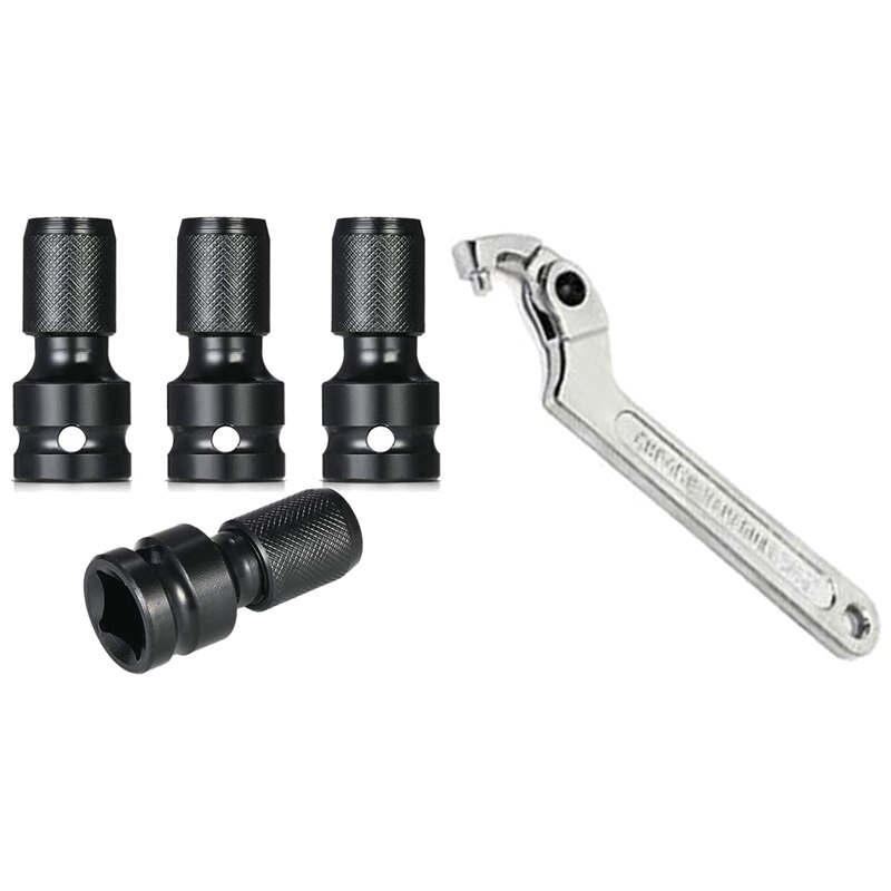 4 Pcs Impact Adaptor 1/2 Square Drive to 1/4 Hex Shank Socket Adapter with Adjustable Hook Wrench C Spanner Tool: Default Title