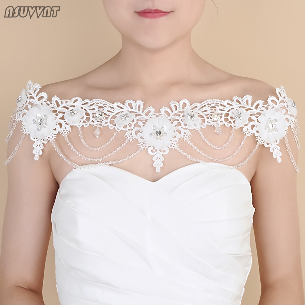 Luxus Kristall Set Kette Schulter Hochzeit Kleid Zubehör Braut Hochzeit Blume Strass Appliques Spitze Schal Für Dame Mädchen