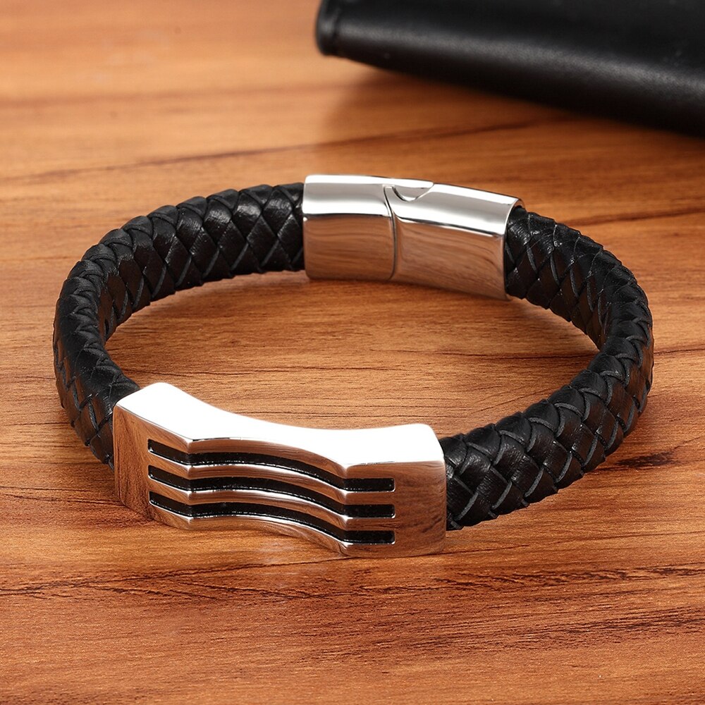 ¡Novedad de ! Pulseras para hombre con cadena de cuero en 3 colores, pulsera de acero inoxidable con cierre magnético a la , accesorios para hombre y mujer