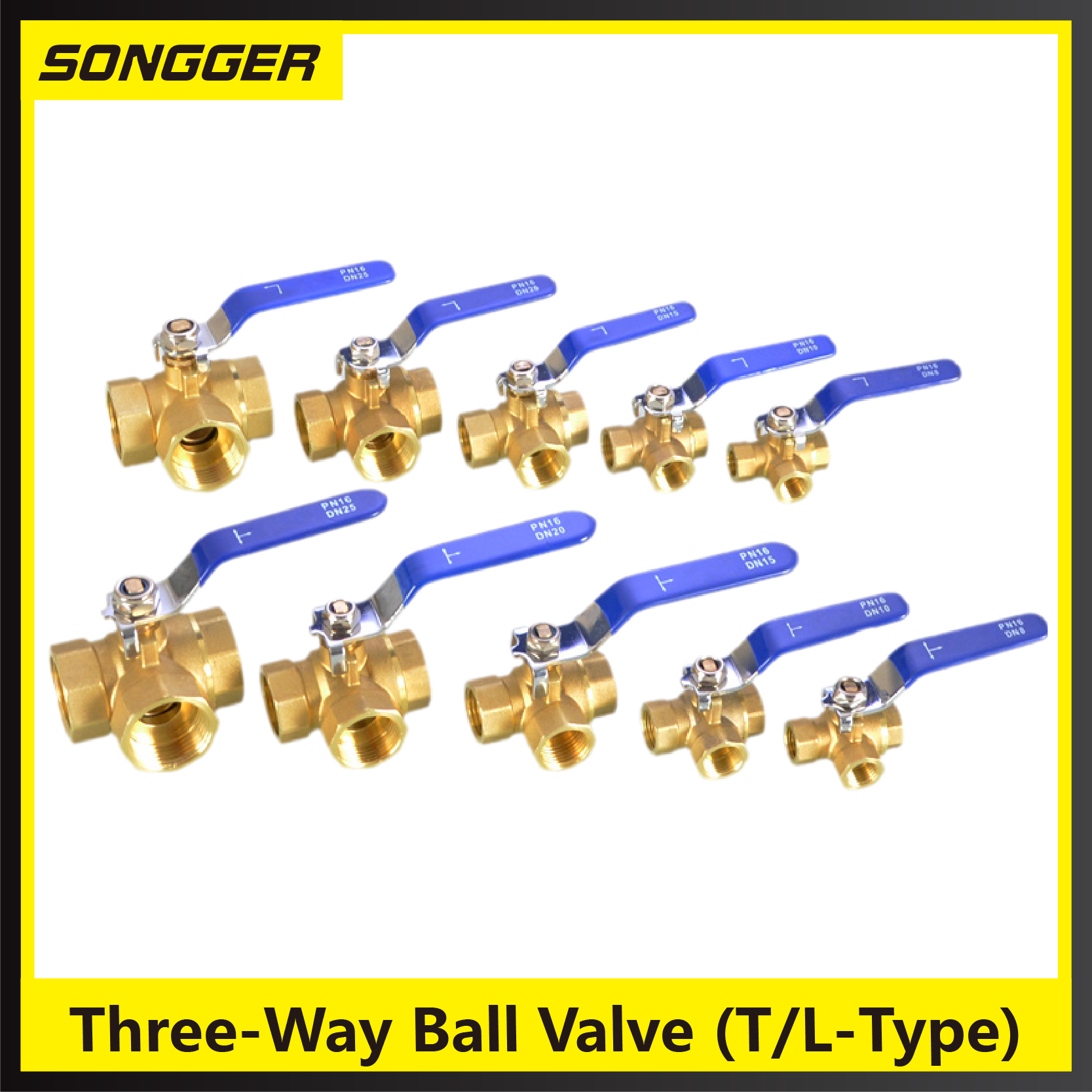 1/4 3/8 1/2 3/4 1 tomme messing 3- vejs ventil t-type l-type indvendig gevind kugleventil afspærring til vand, gas, hvac og vvs