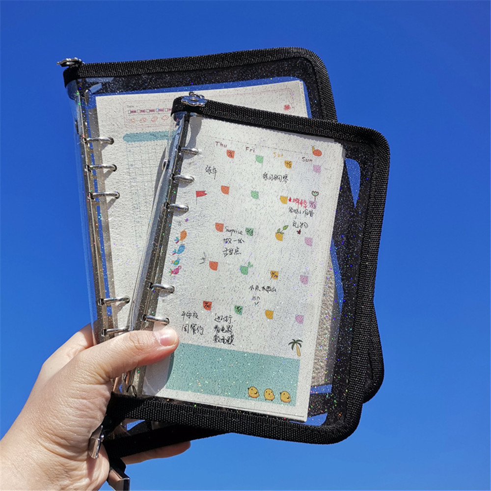 A5 A6 Loose-Leaf Notebook Cover Glitter Zipper PVC Notebook Korean Stationery Diary 6 Hole Binder Clip Notepad Office Planner: Black / A5