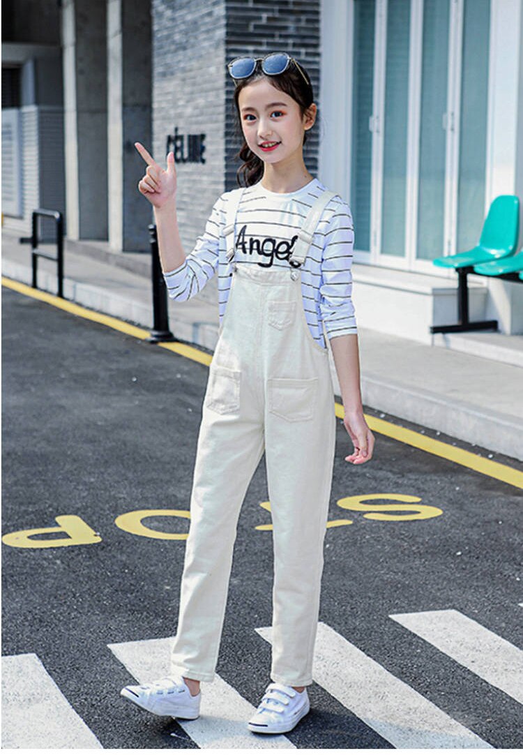 Barn barnkläder jumpsuit overall lekdräkt för tonåringar flickor beige vita byxor 5 6 8 9 10 13 14 år gamla: Beige vit / 160