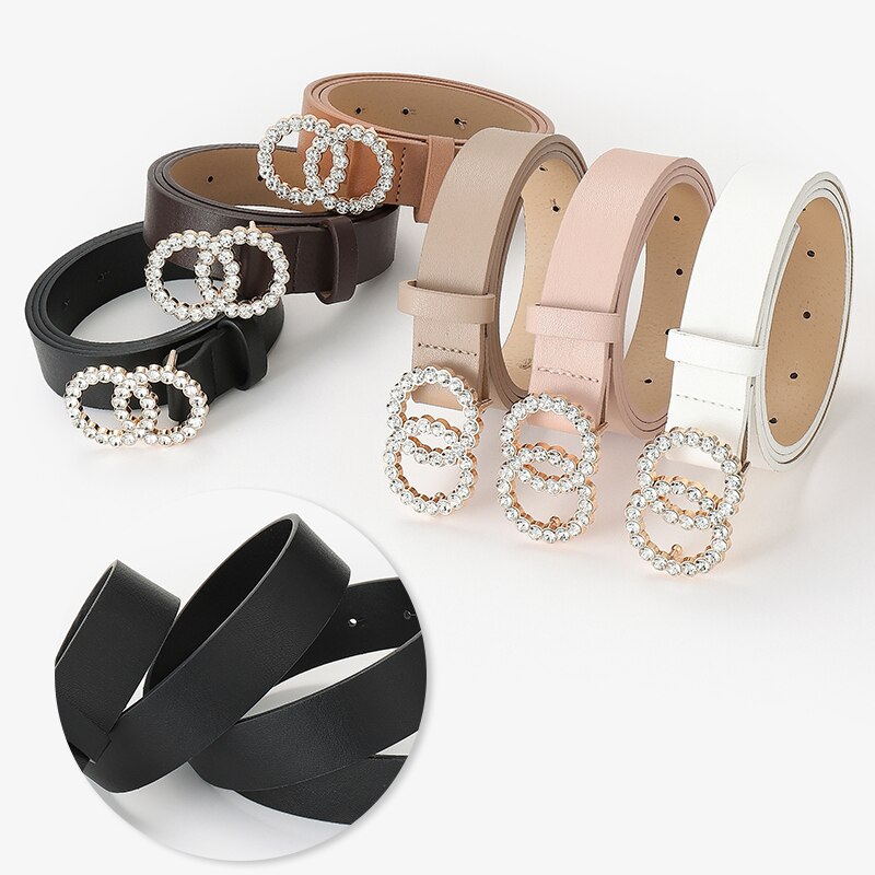 D &amp; T-Cinturón de para mujer, con dos círculos de diamante, hebilla decorativa, Material de cuero PU, cintura de estilo informal para mujer