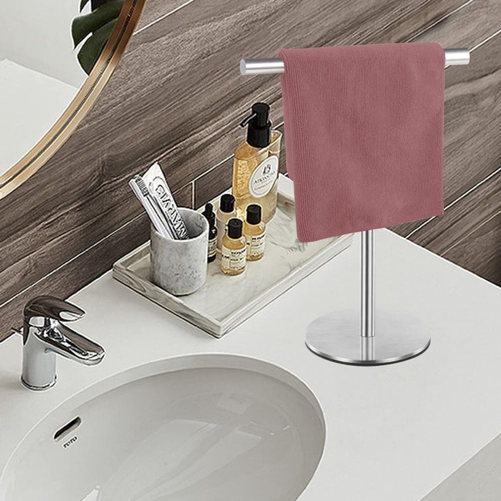 Stainless Steel Bath Towel Stand T-Shape Modern Style Bathroom Towel Hanger Waterproof Creativity Towel Bar Rack Countertop