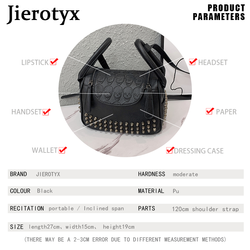 Jierotyx Punk Schedel Vrouwen Schoudertassen Grote Capaciteit Mode Klinknagel Dames Handtas Zwart Lederen Pu Tote Cossbody Grote