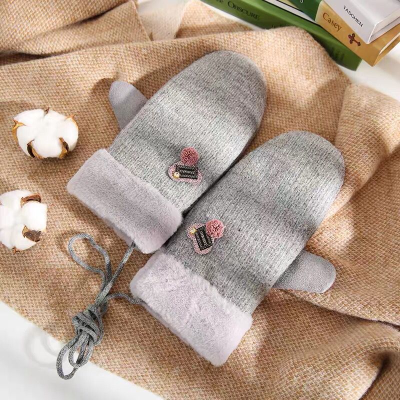 Handschuhe Winter Damen Plus Samt Dicke Warme Nette Schüler eins Frauen Herz Handschuh Neue Jahr draussen Hängen Nacken Handschuhe wolle: grau