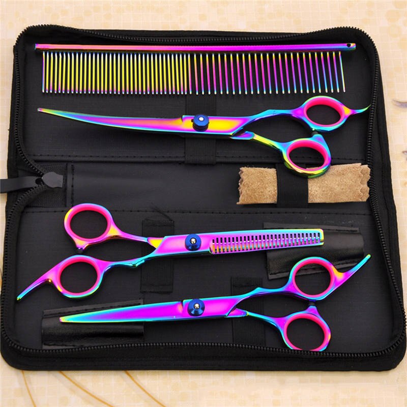 Tijeras profesionales para mascotas de 6,0 pulgadas para el cuidado del perro, alisadores de pelo, tijeras curvas y refinadoras, Juego de 3 piezas + peine: 7.0 inch colorful