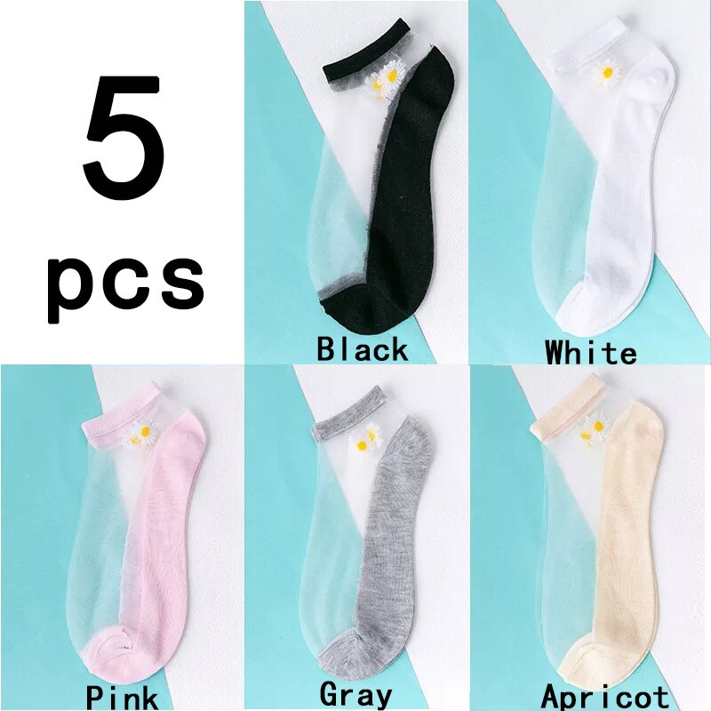 Calcetines de malla ultrafinos para mujer, medias transparentes de seda y fibra de vidrio, tobilleras, margaritas y flores, Sexy, 5 par/lote: Style 3