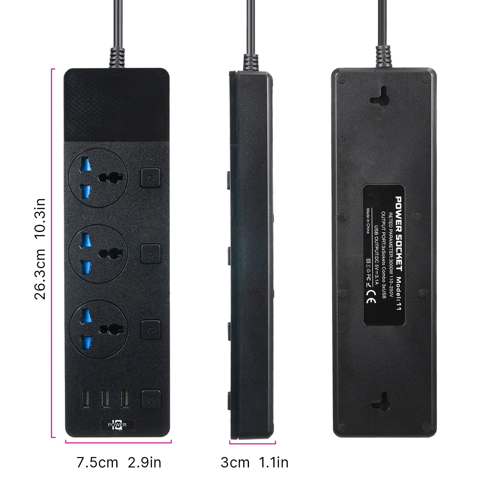 Surge Protector Power Strip, Extension Cord 3 Outlet 3 Usb Port With 4 Switch Electronic Socket Home Office Surge Protector
