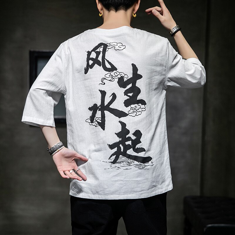 Japanska män kort halvärmad kimonoskjorta t-shirt broderad japan harajuku byxa asiatisk manlig yukata haori koftadräkt: Färg 1 / L