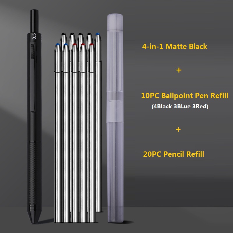 4 In 1 Multifunction Luxury Pen, 0.7mm 3 Color Ballpoint 0.5mm Mechanical Pencil, Gravity Sensor Metal Retractable Pens Długopis: black color