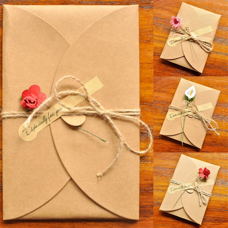 Retro Small Kraft Paper Invitation Greeting Card With Envelope DIY Handmade Dry Flower Wedding Party Invitation Envelopes