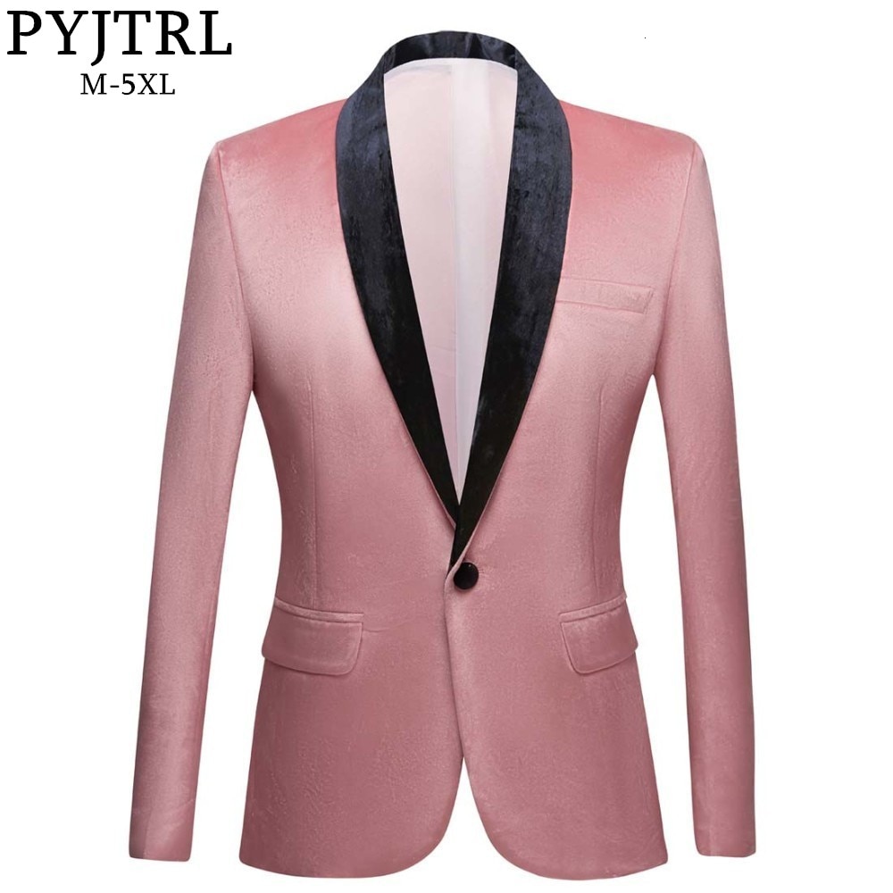PYJTRL hombres chal solapa melocotón Rosa terciopelo Delgado ajuste Blazers boda novio Prom vestido Tuxdudo abrigo Hombre de talla grande traje chaqueta