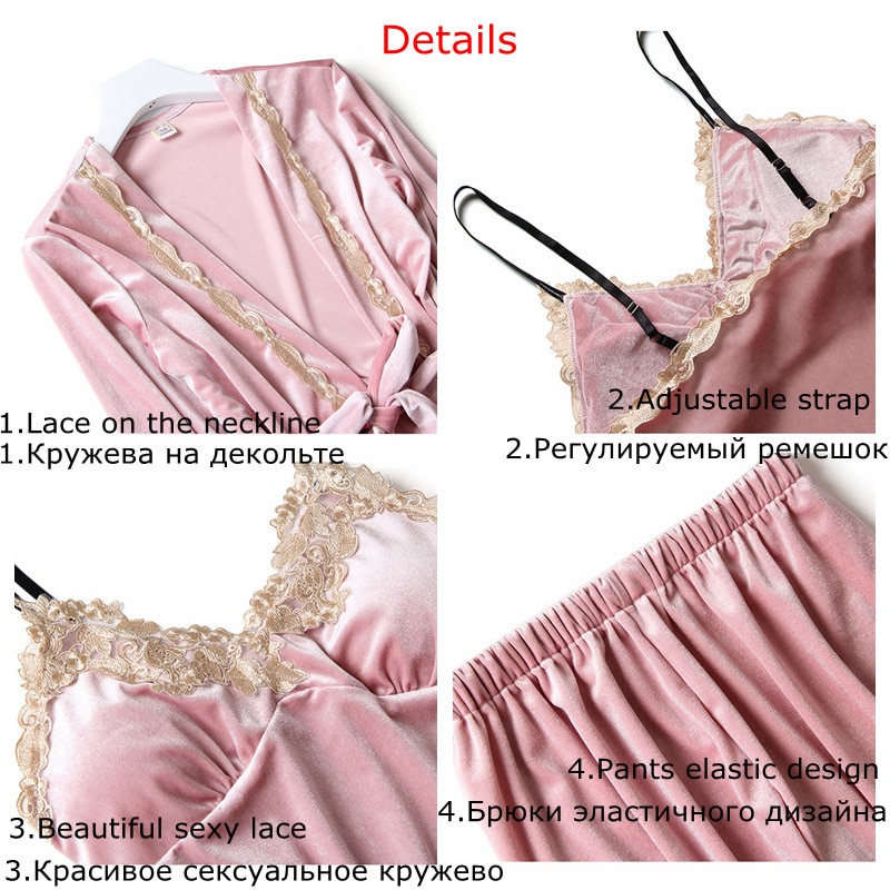 July's Lied 4 Stuks Fluwelen Warme Pyjama Set Vrouwen Sexy Kant Nachtkleding Pyjama Pak Winter Sling Nachthemd Vrouw Nachtkleding