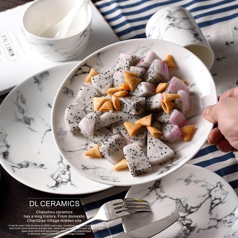 Nordic Marble Ceramic Plate Round Dinner Dessert Fruit Dishes Steak Cake Sandwiches Dishes Microwave Ovens Safe Dinnerware Set