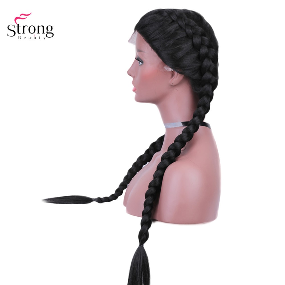 Perruque Lace Front Wig synthétique deux tresses françaises, perruque lace Wig longue noire avec cheveux de bébé pour femmes