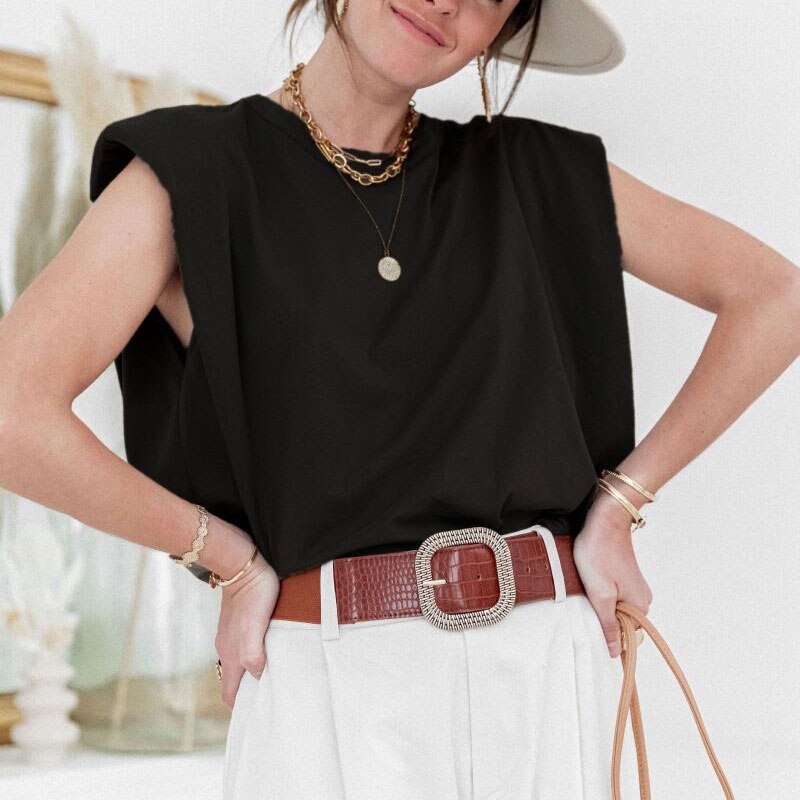 Nyligt kvinder sommer ærmeløs t-shirt bluse dame skulderpuder t-shirt casual top  s66: L / Sort