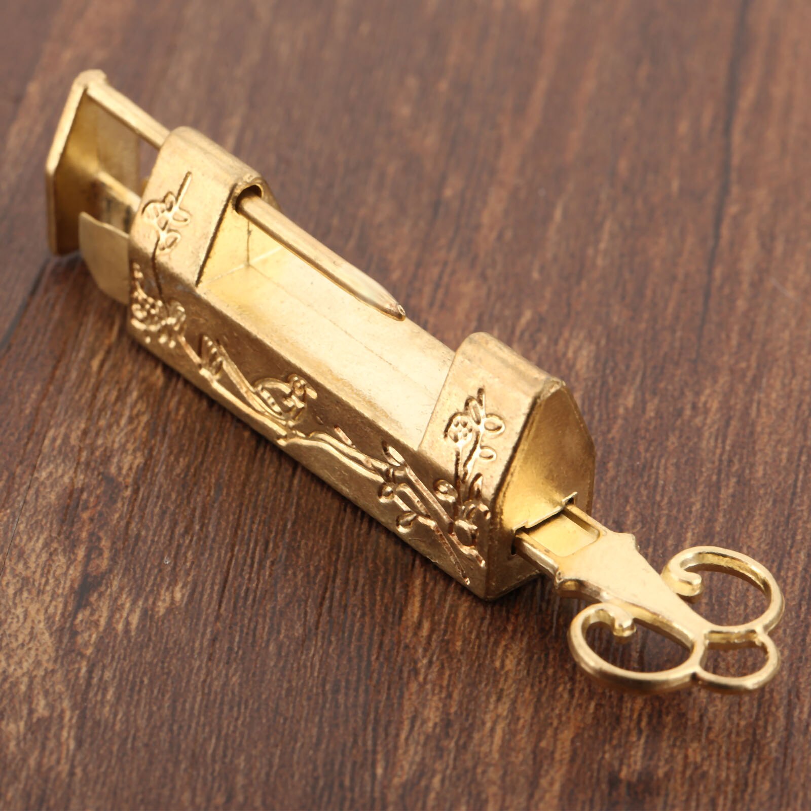 1Set Vintage Gouden Slot + Sleutel 42Mm Oude Chinese Retro Messing Hangslot Antieke Decor Bloem Vogel Sieraden Houten box Case Deur Zak