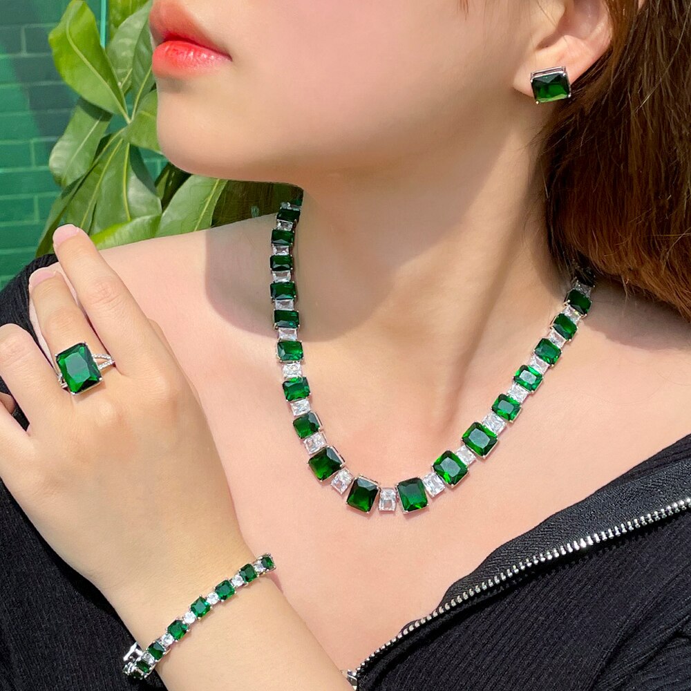 Threegraces 4 Stuks Dark Green Zirconia Geometrische Vierkante Bridal Wedding Party Ketting Sieraden Set Voor Vrouwen TZ687